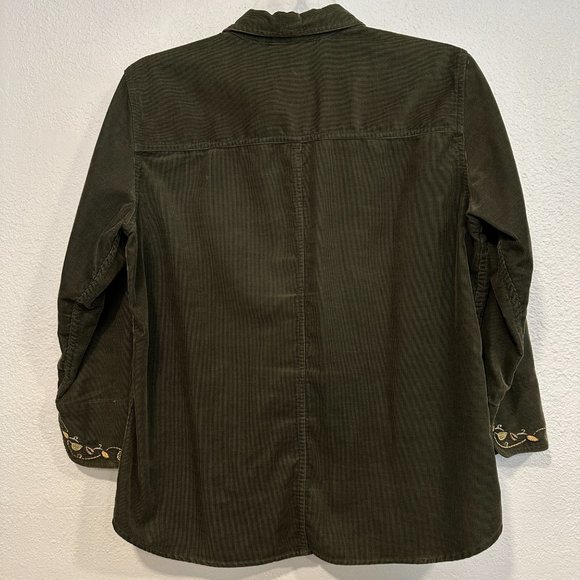 Liz Claiborne Corduroy Snap Up Shirt Olive Green Embroidered EUC Size Petite Med - Picture 2 of 7